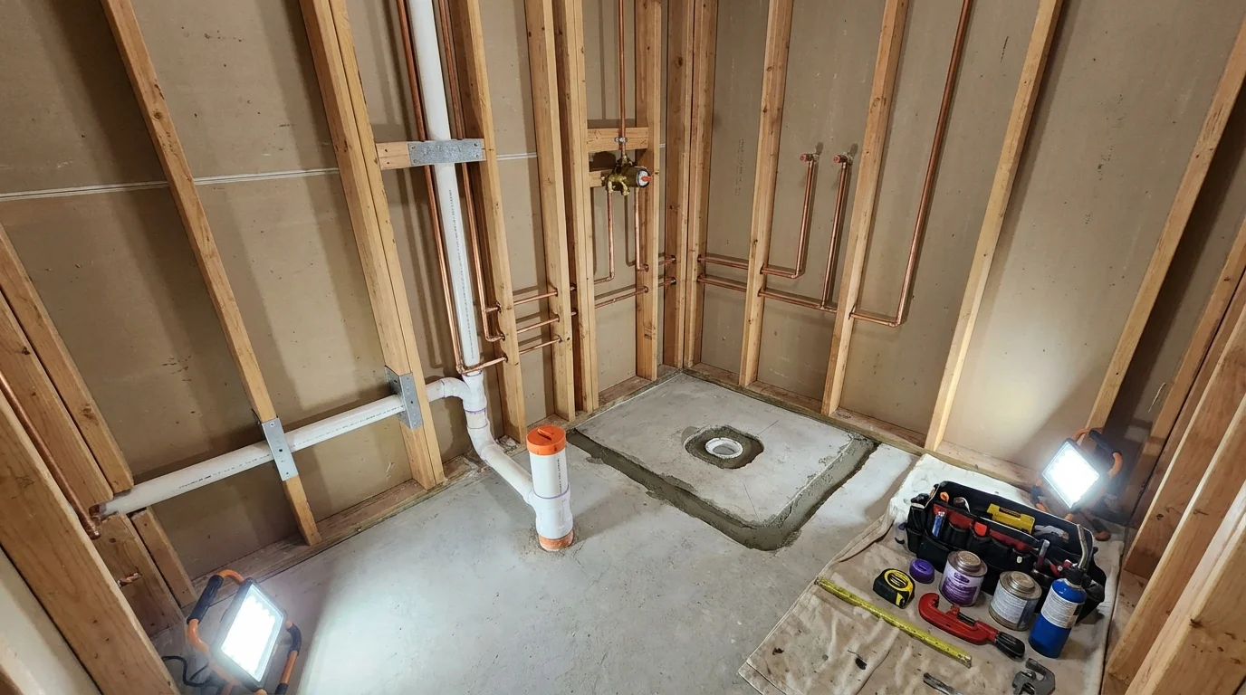 Bathroom rough-in plumbing during remodel by Johns Plumbing LLC in Norway