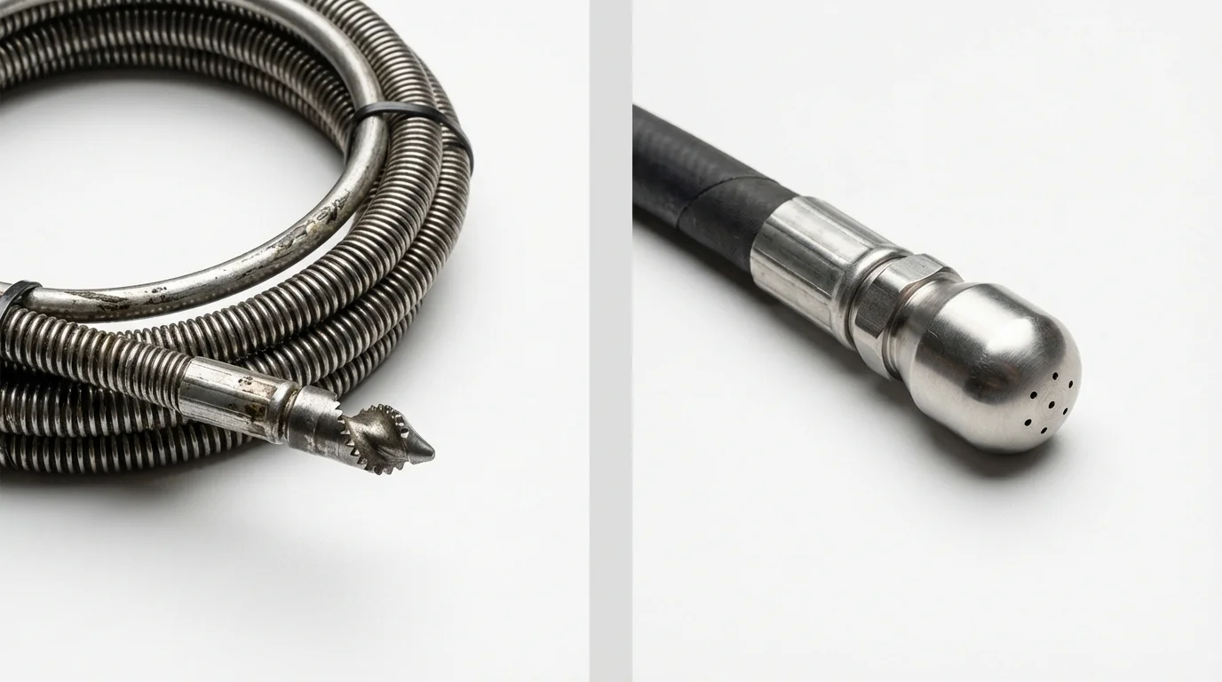 Drain snake cable and hydro jetting nozzle used for drain cleaning in Norway, ME