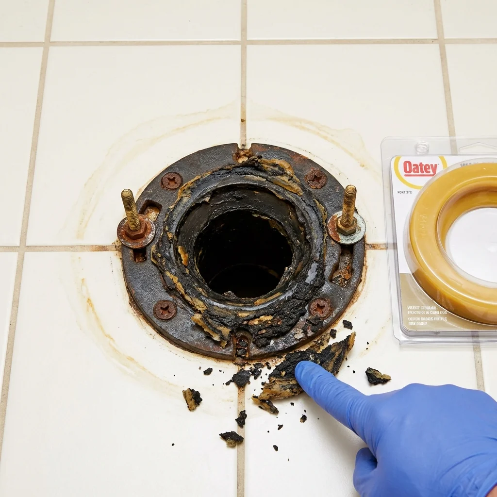 Failed wax ring showing water seepage at the base of a toilet in a Norway, ME home