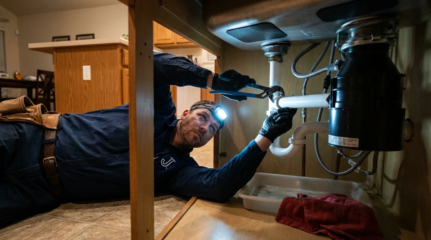 P-trap and supply line connections under a kitchen sink showing a common leak point in Norway, ME